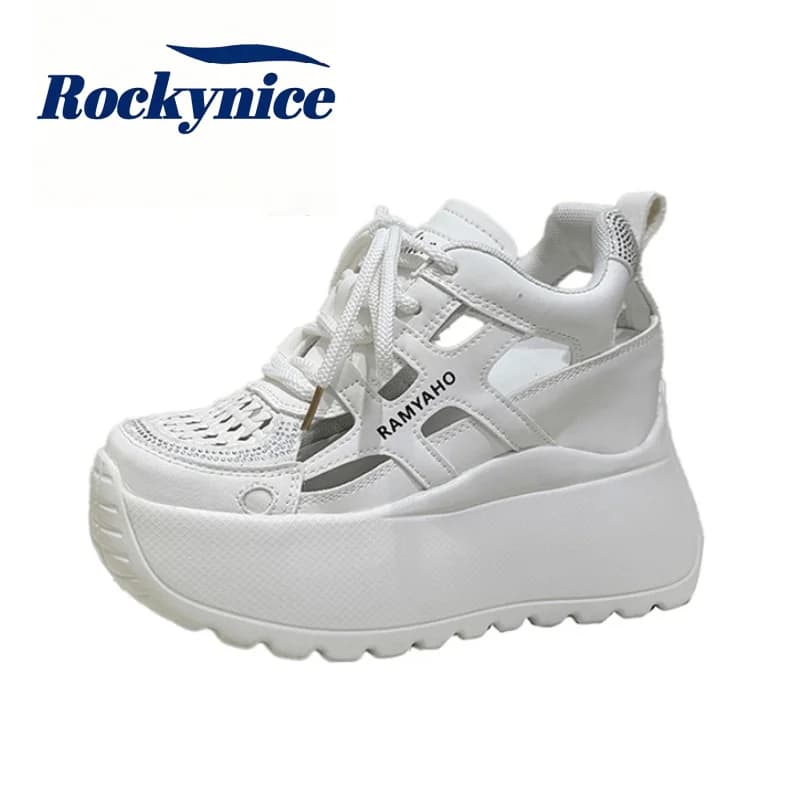 New Women's Chunky Sneakers Hollow out Summer Sandals Thick Bottom Soft Casual Dad Shoes 10CM High Heels Platform Lace-up Shoes