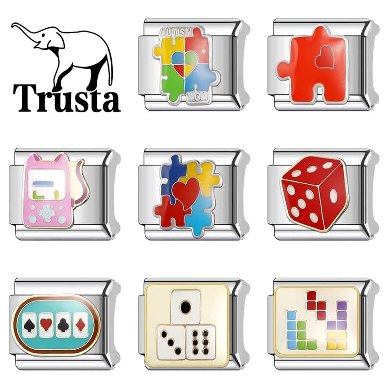 Trusta 2025 Puzzle Dice Tetris Bracciale con ciondoli a maglie italiane Bracciale in acciaio inossidabile da 9 mm per le donne Commercio all'ingrosso di gioielli fai da te N574