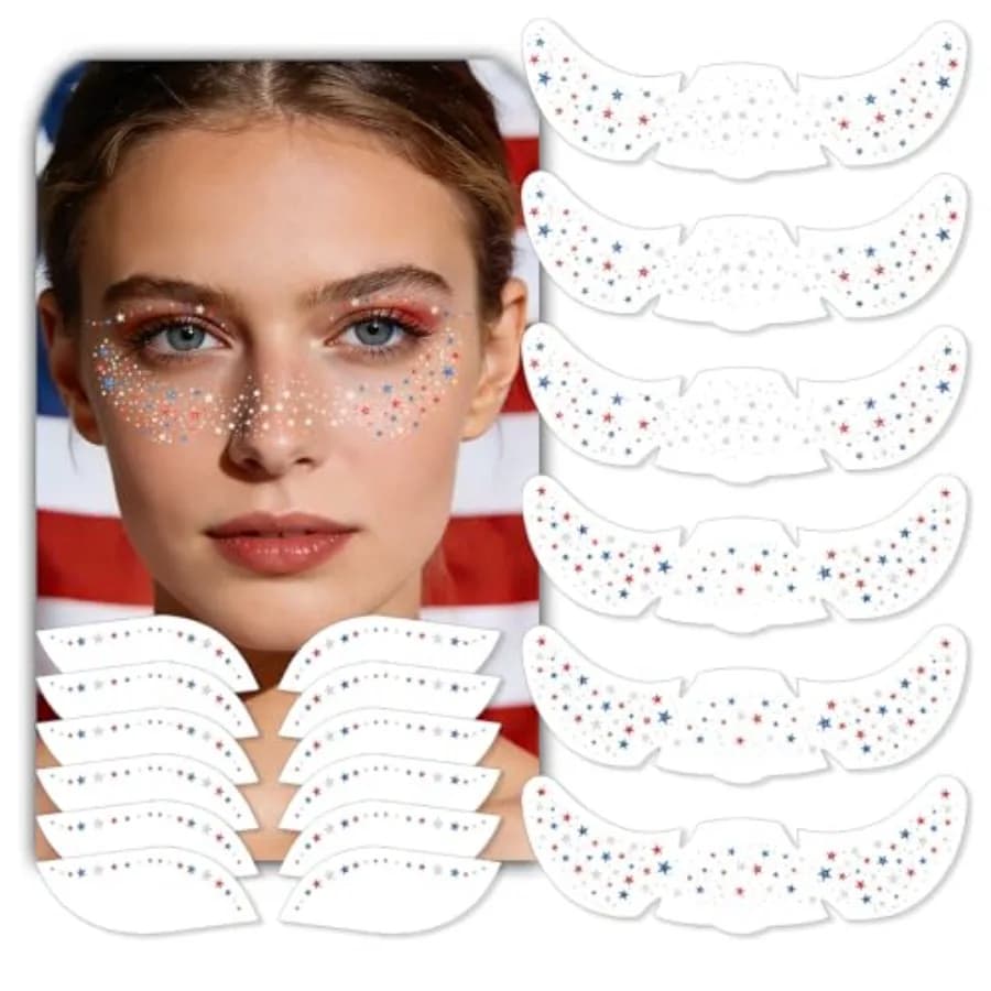 Glitter 4th of July Freckle Tattoos and Patriotic Eye Shadow Tattoos Red White and Blue Star Freckles Temporary Face Tattoo for