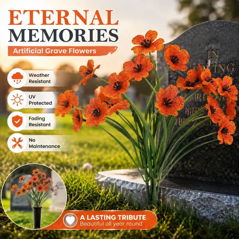 Lifelike Artificial Violet Spring Grass Flowers, Realistic Faux Plant for Cemetery Grave Decoration and Memorial Tribute
