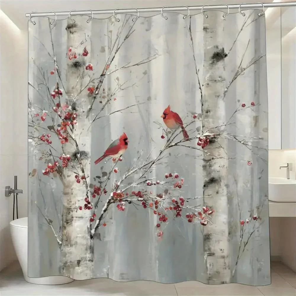 Tenda da doccia con uccelli invernali, design di betulla cardinale rossa, decorazione naturale, tende impermeabili per il bagno, stile artistico per la casa