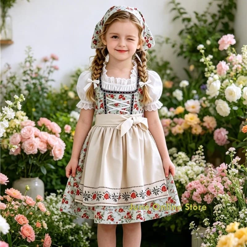 Girls' Dirndl Dress Kids Floral Prairie Dress Dancing Play German Bavarian Oktoberfest Maid Costume Retro Farm & Stage Outfit