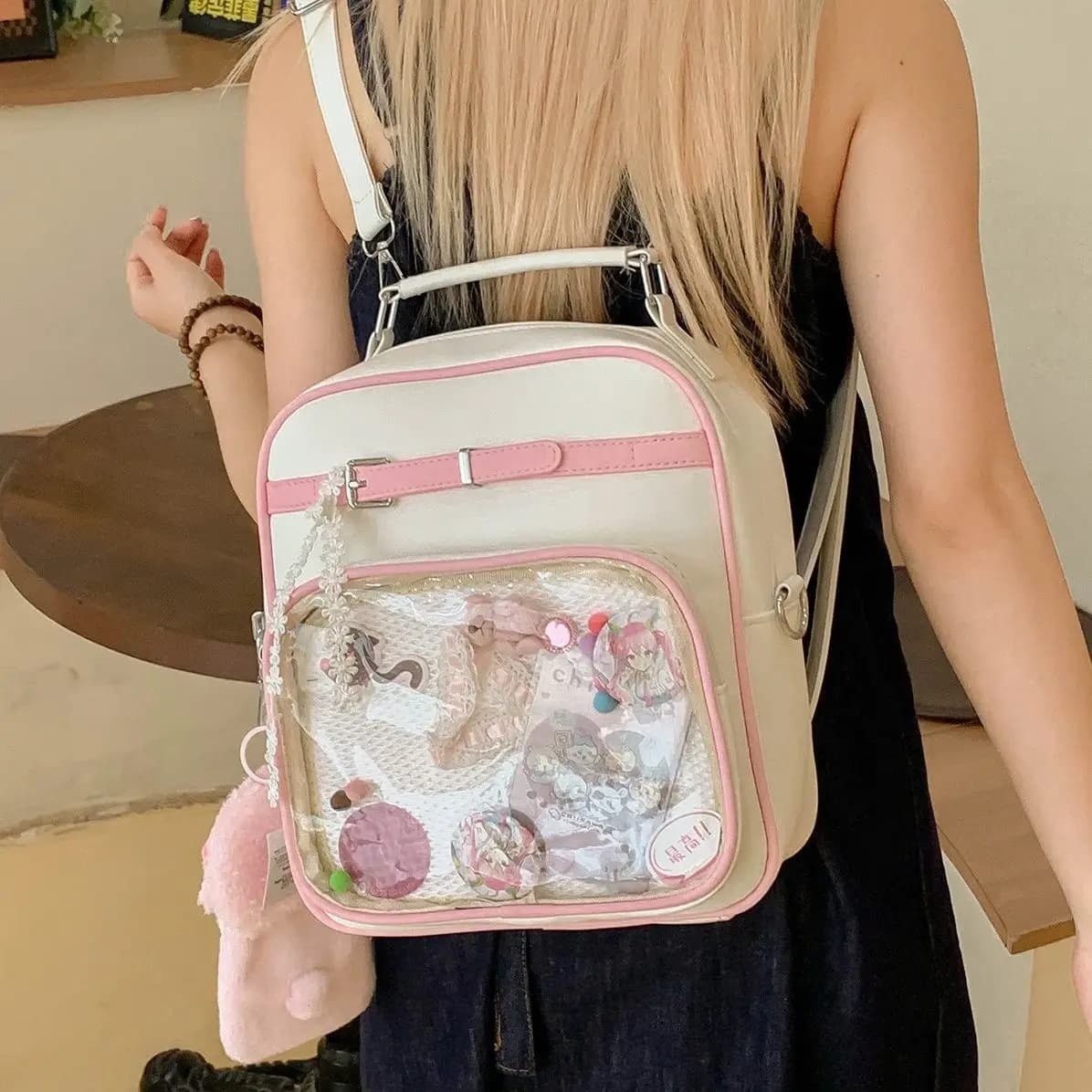 Japanese Color Block Backpack Women Large Capacity Leather Multi Purpose Shoulder Bags Ladies Transparent Anime Mochilas Mujer