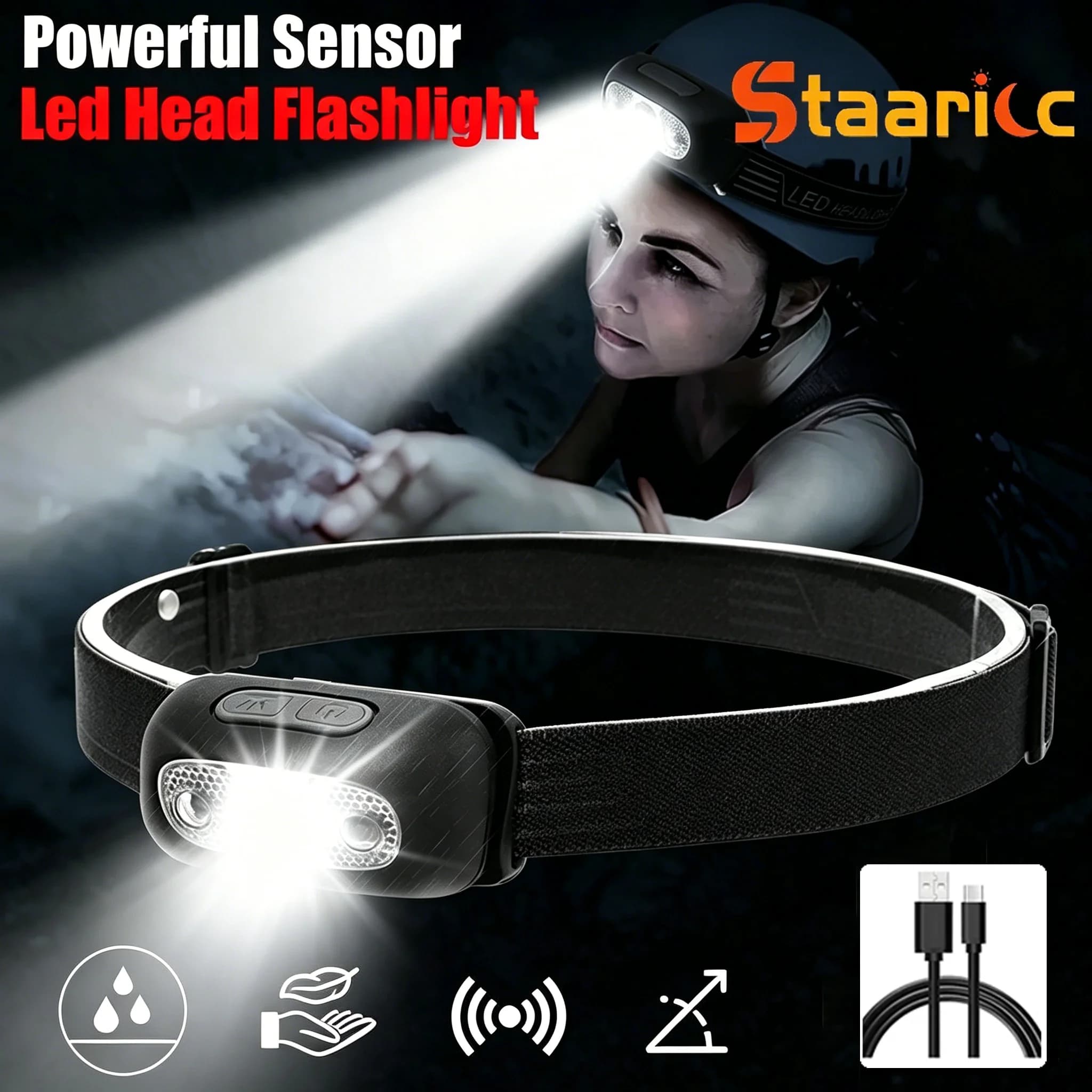 Lampada frontale ricaricabile USB con sensore di movimento, LED luminoso per corsa e pesca, luce frontale con sensore a infrarossi