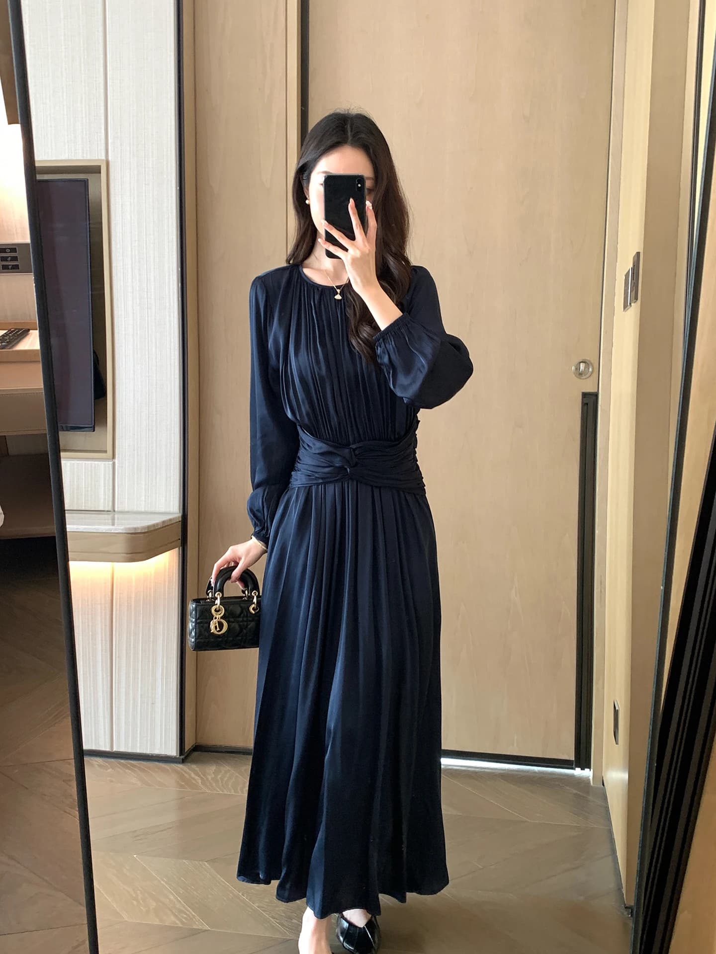 FT GUOGE Abito da Donna Blu, Lussuoso Vestito Lungo Plissettato, Stile Casual in Poliestere e Viscosa, Collo Tondo, Maniche Lunghe