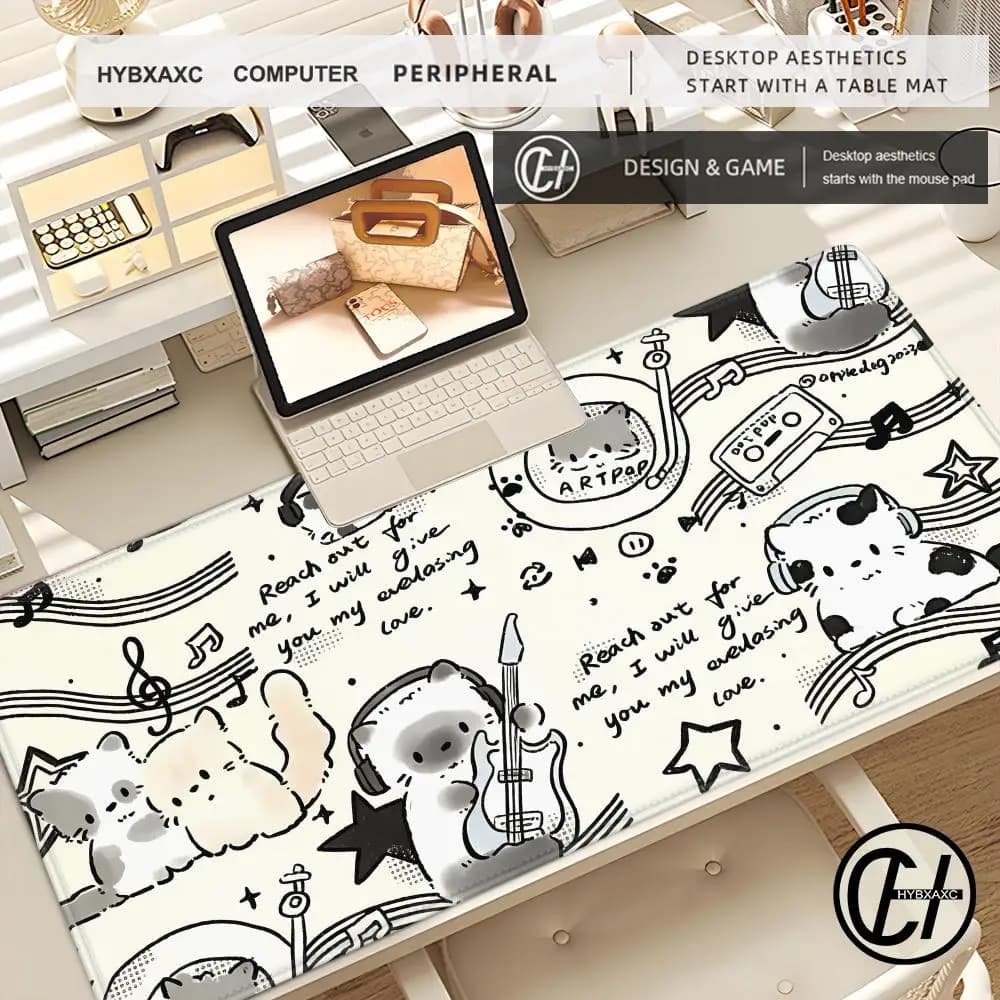 Tappetino da scrivania oversize con gatti musicali Kawaii, tappetino per mouse con doodle musicali, tappetino per tastiera grande antiscivolo per ufficio e gaming HYBXAXC