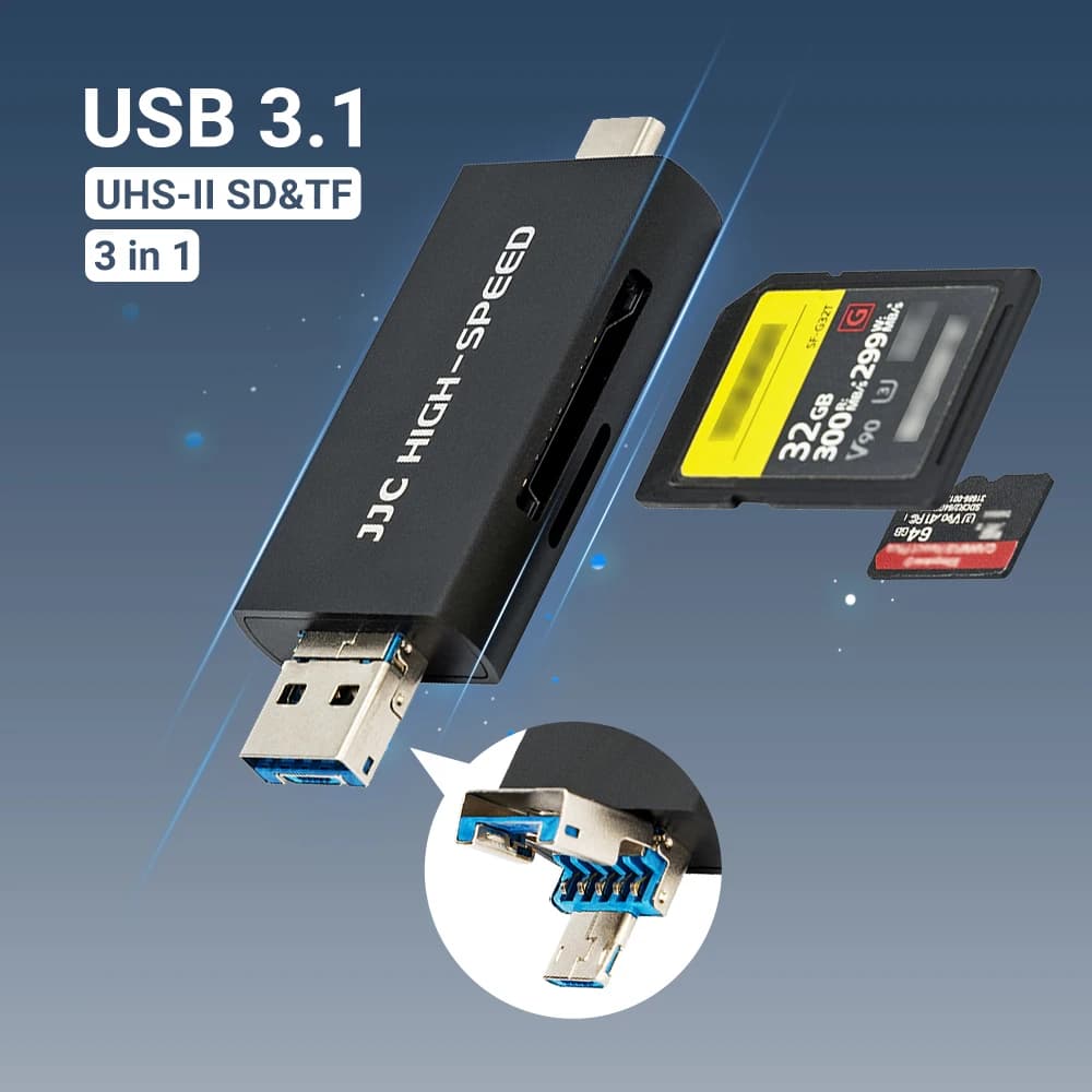 JJC UHS-II lettore di schede SD MSD USB 3.1/Micro USB 2.0/tipo C adattatore da USB 3.1 a SD Micro SD per iPhone 15 16 Pro Max Mac MacB
