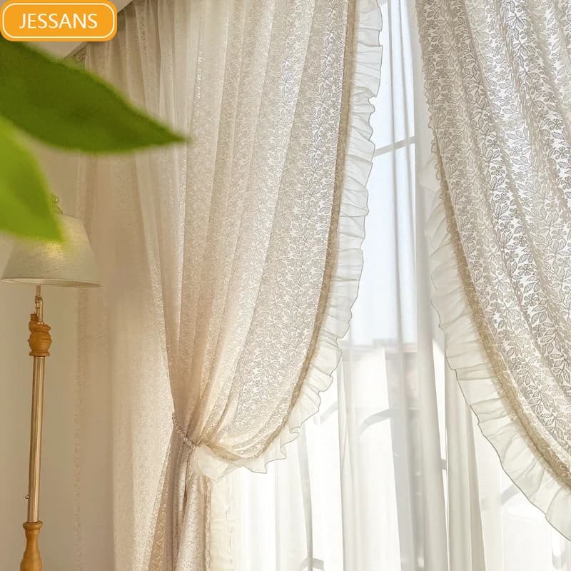 French Cream Lace Jacquard Hollow Lace Curtains for Window Screen Living Room Bedroom Balcony Customized Finished Product