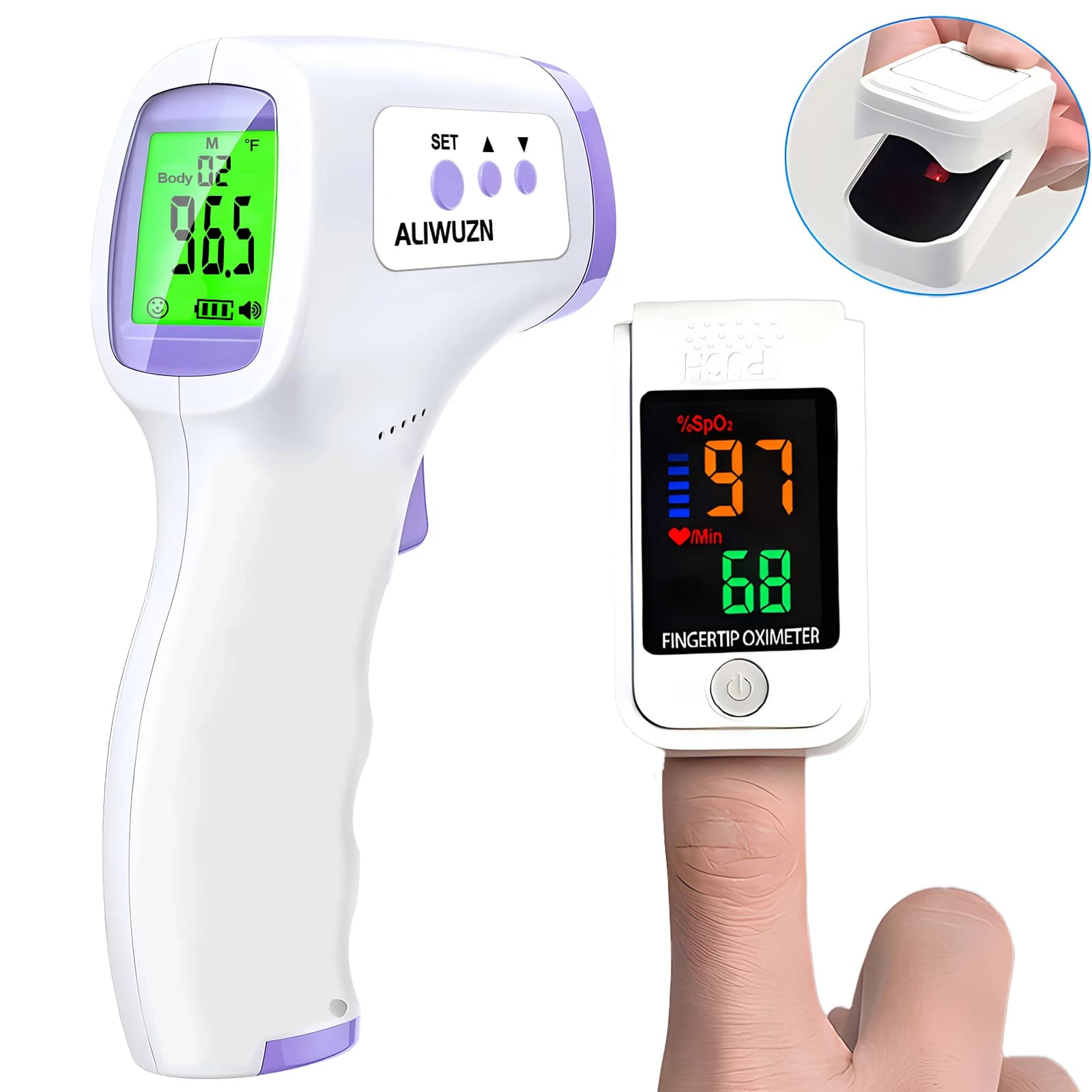 Contactless Retroilluminated Digital Thermometer for Body Fever or Medical Pulse Oxymeter for Blood Oxygen