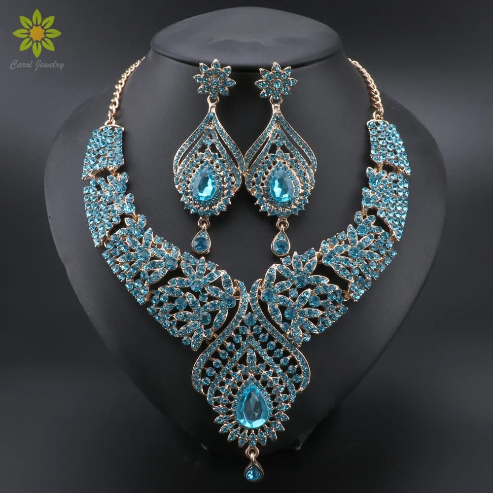 Orecchini di cristallo blu di lusso da donna Collana Set di gioielli da sposa da sposa Elegante sposa Festa da ballo Costume Accessori per abiti Regali