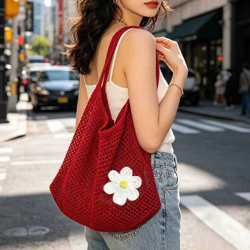 Trendy Bohemian Shoulder Bag Hollow out Straw Weave Handbag Large Capacity Lazy Style Beach Tote Bag for Shopping