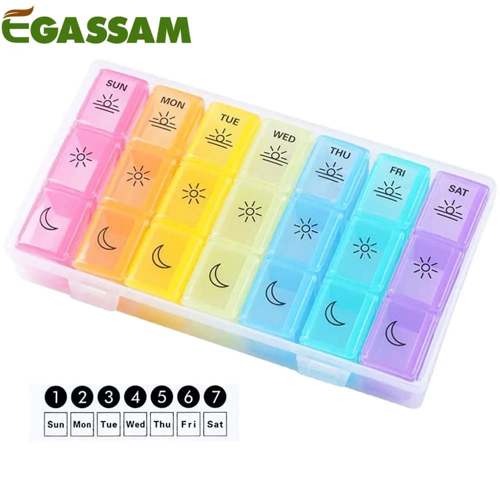 1Pcs Weekly Pill Organizer 3 Times a Day, 7 Day Pill Box Vitamin Container Holder with Removable Tray for Fish Oils/Supplements