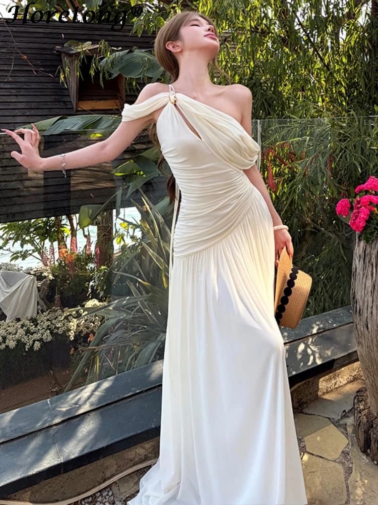Women's One Shoulder Ruched Maxi Dress 2026 New Summer Waist Cinched Slim Fit Dress Elegant Chic Vacation Party Long Dresses
