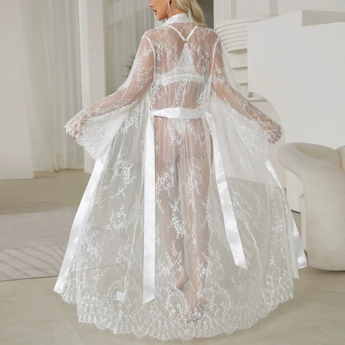 Sexy Women's Linen Long Lace Sweater See through Nightwear Night Shirt White Night Shirt Pads Pigiama Loungewear