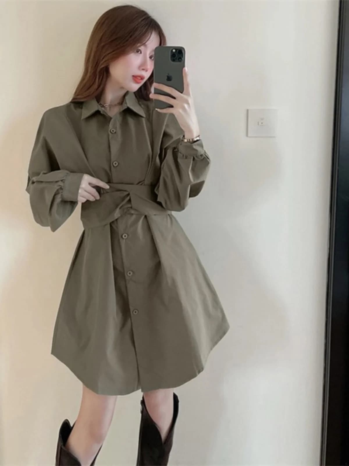 Abito Camicia Casual a Maniche Lunghe da Donna, Vestito a Vita Alta Slim Fit con Gonna a Trapezio in Fibra di Poliestere, Colletto Singolo, per la Stagione Autunnale