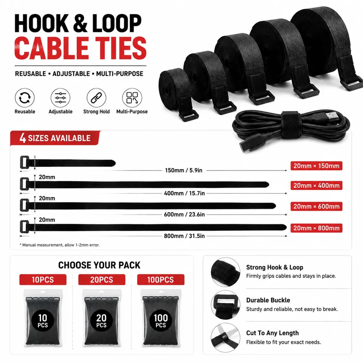 20mm Hook and Loop Cable Ties Reusable Cable Straps Adjustable Wire Organizer for Cable Management 10/20/100PCS Multiple Sizes