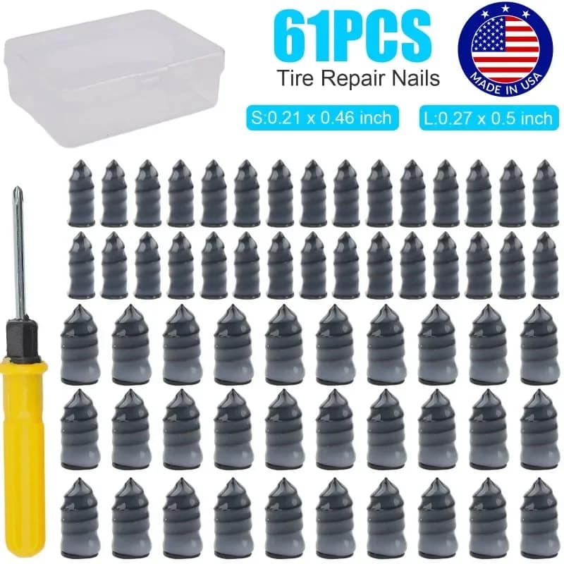 Kit Riparazione Pneumatici Tubeless Auto 61 Pezzi con Chiodi a Vite, Patch e Attrezzi di Riparazione con Cacciavite e Pratica Scatola Portaoggetti