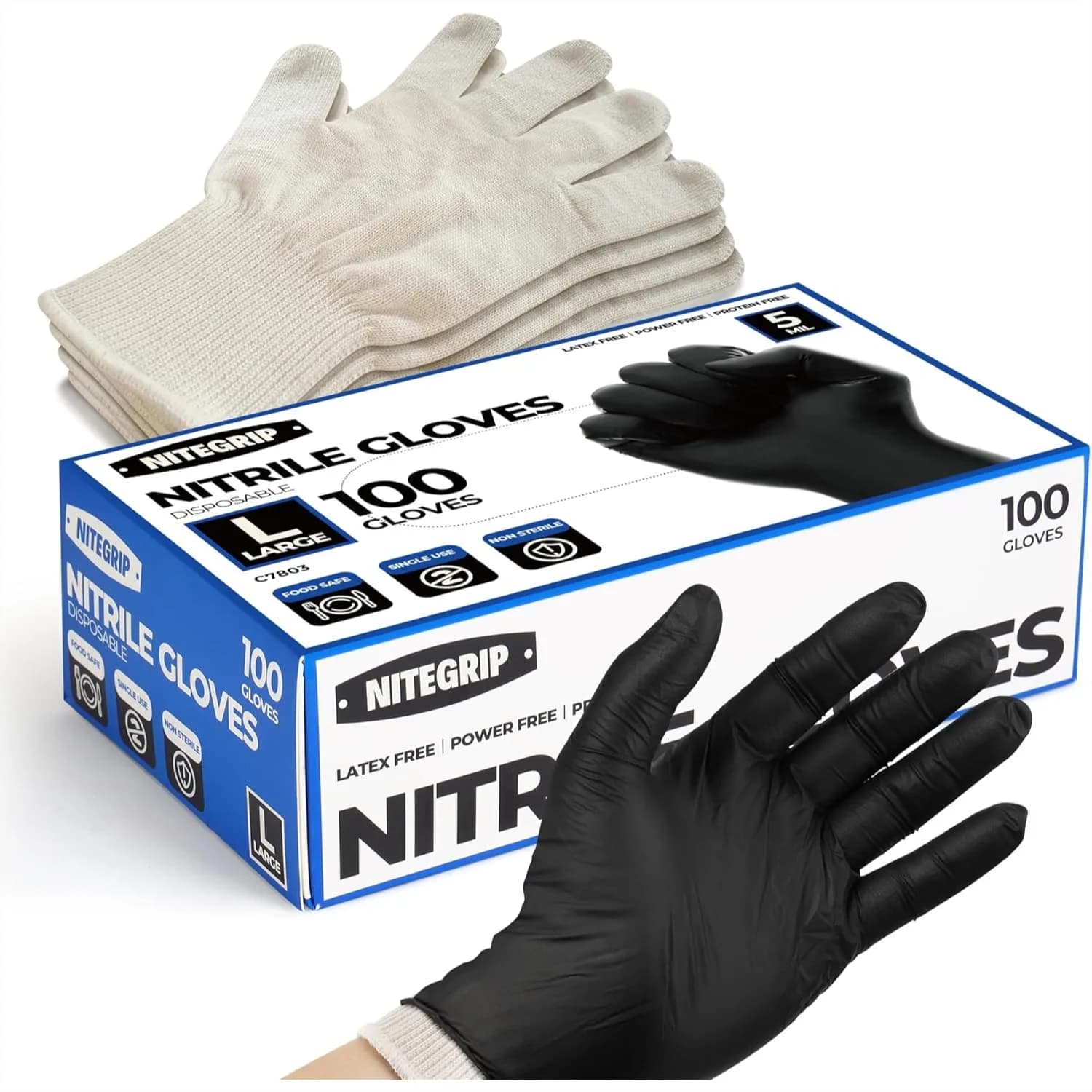Kit di Guanti Monouso per BBQ: 100 Guanti in Nitrile Nero (5 Mil, Senza Lattice) + 4 Rivestimenti in Cotone Lavabili, Antiscivolo per Grigliate