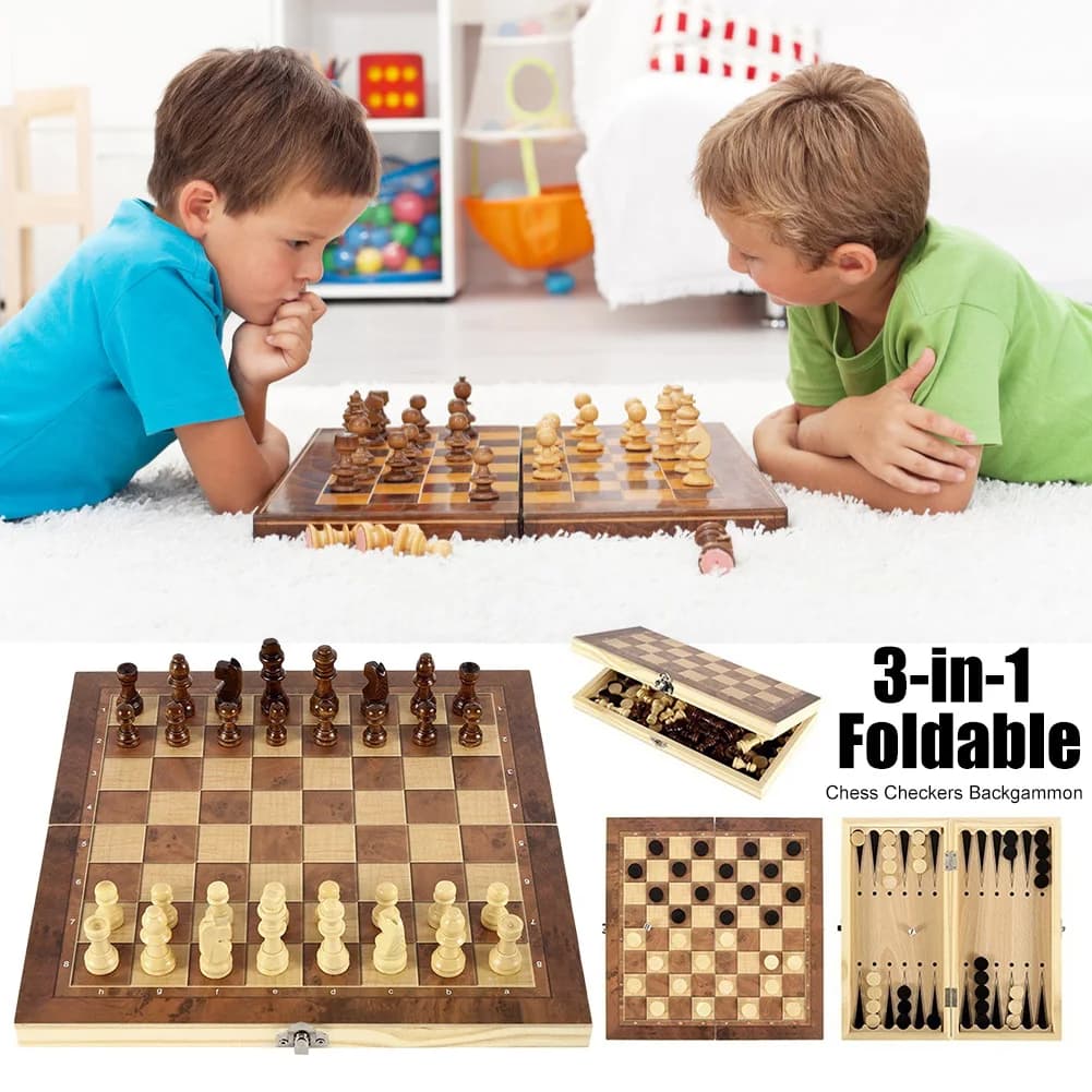 3 in 1 Chess Game Board Folding Storage Wooden Chess and Checkers Game Set Exquisite Chess Set for Chess Board Game