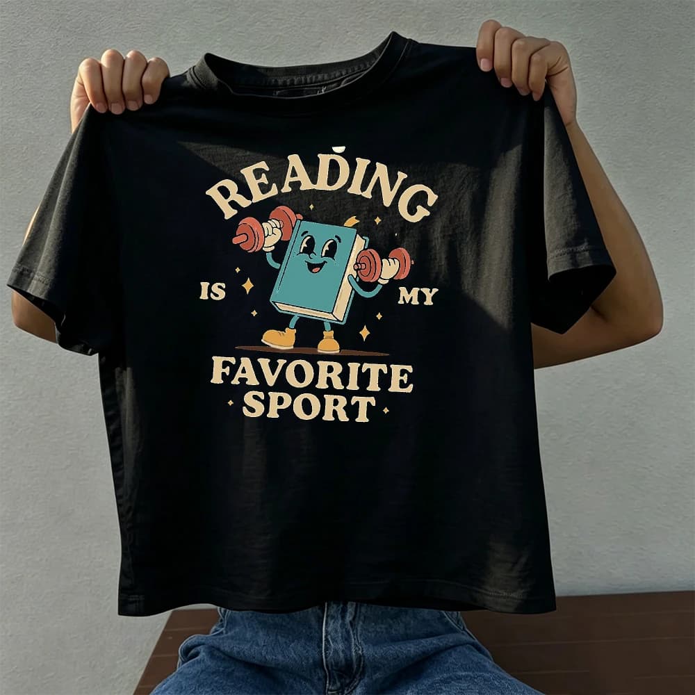 Cartoon Book Dumbbell Reading Is My Favorite Sport Print Men T Shirt Book Lover Teacher Student Back To School Graphic Tee