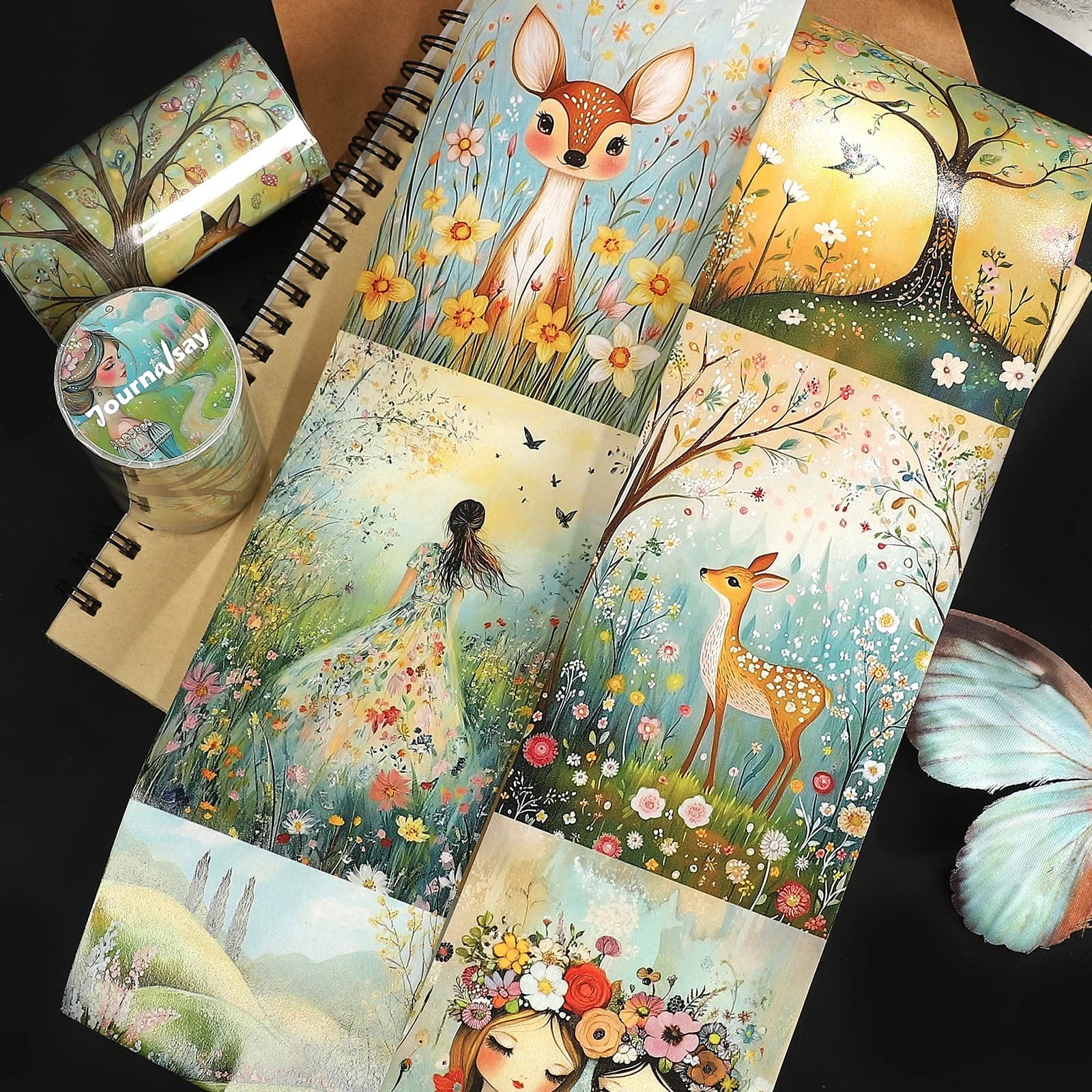 Nastro Washi Vintage 80mm*212cm con Motivi Floreali e Paesaggistici, Materiale Creativo per Diari, Collage e Scrapbooking