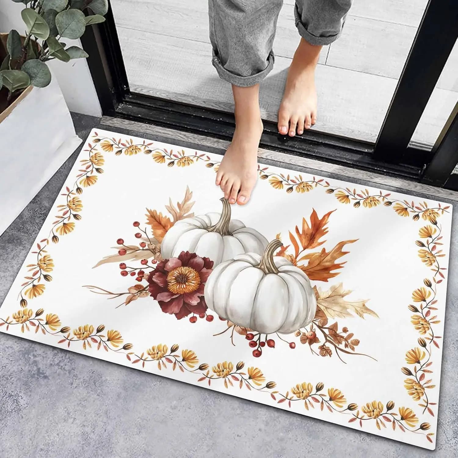 Autumn Thanksgiving Pumpkin Welcome Doormat Home Decor Fall Maple Leaf Kitchen Mat Balcony Hallway Rug Bedroom Non-slip Floormat
