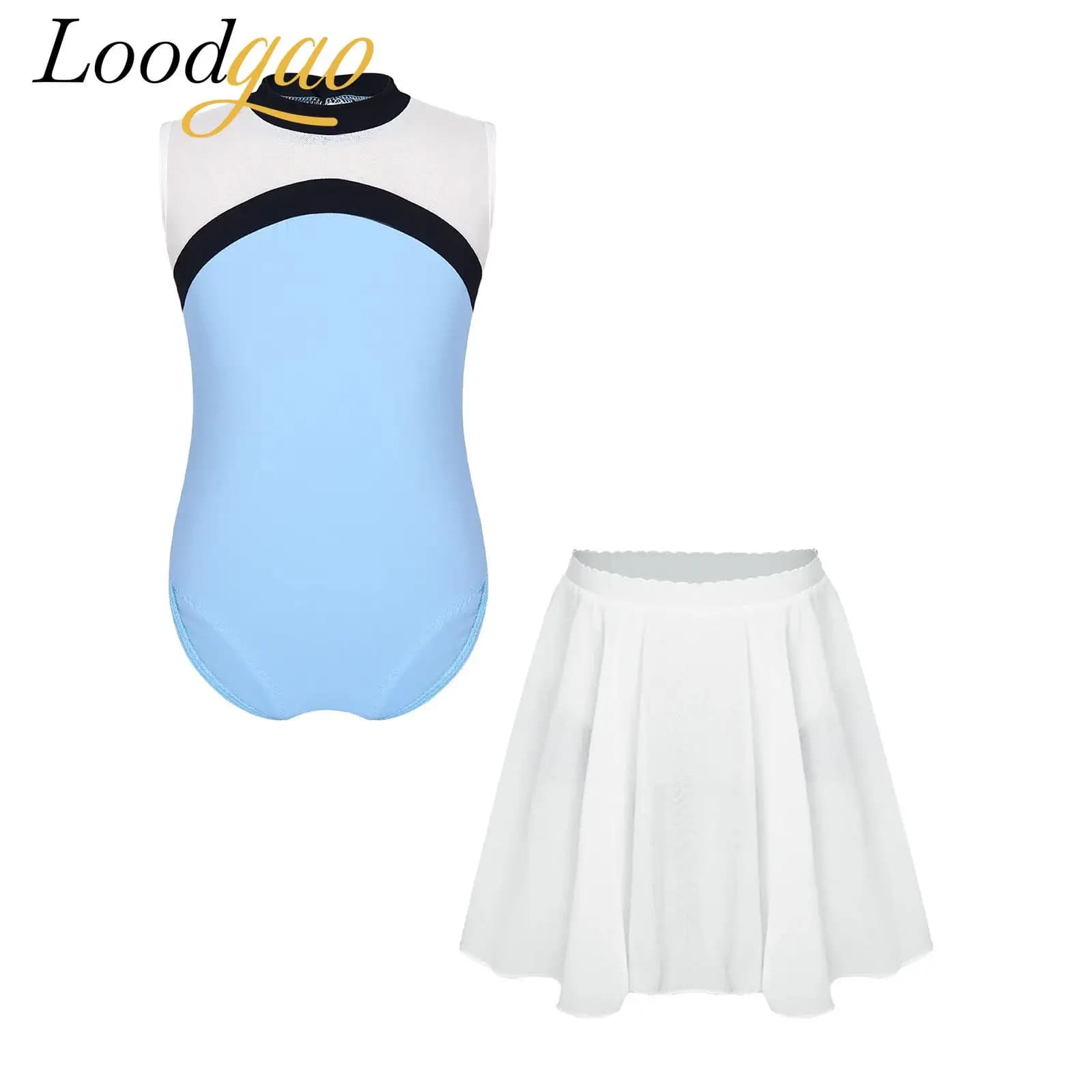 Girls Keyhole Back Ballet Dance Costume Kids Sleeveless Ice Skating Leotard Child Gymnastics Bodysuits with Chiffon Skirt Outfit
