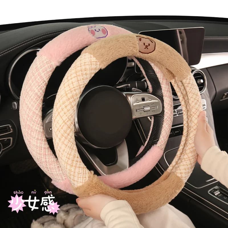 Coprivolante per auto in peluche da 38 cm con simpatico orso e coniglio, caldo invernale, morbido al tatto, accessorio per automobili, volanti e accessori
