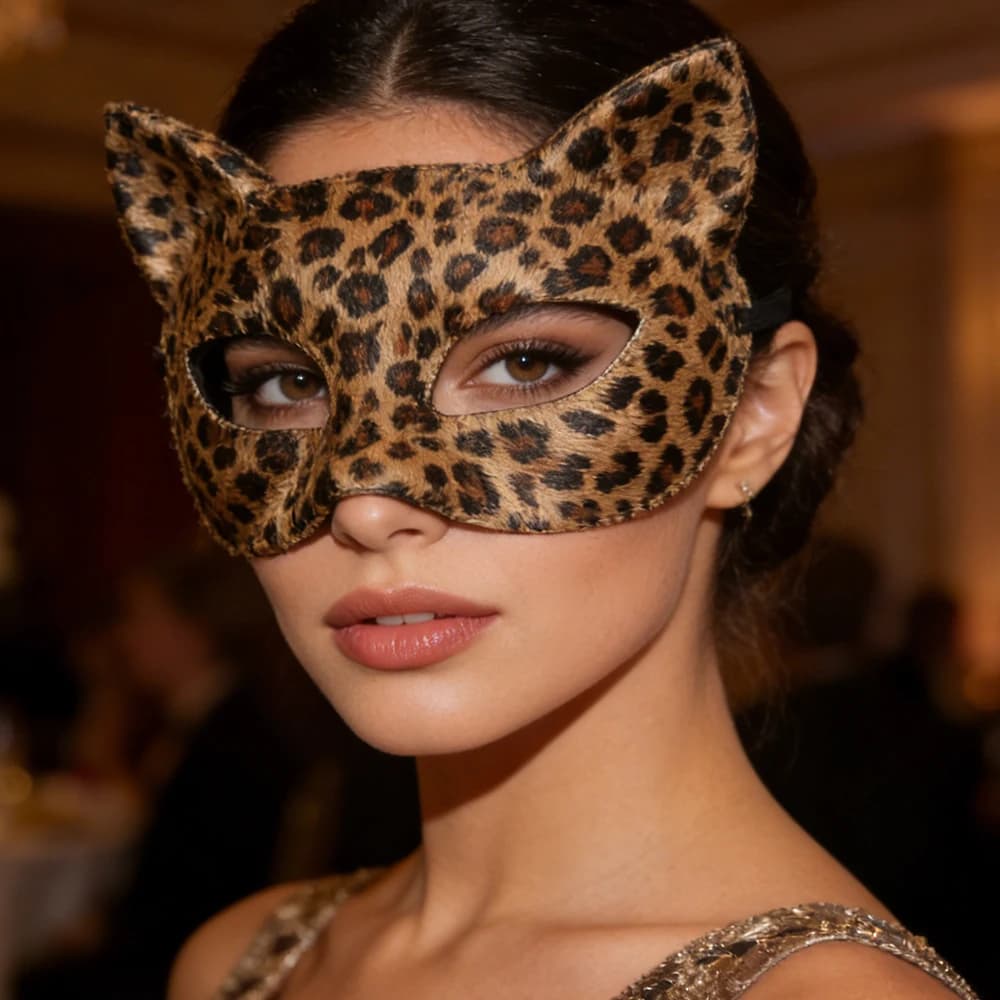 Maschera Sexy a Occhi di Gatto con Motivo Leopardato, Copricapo in Velluto per Feste in Maschera, Accessorio per Costume da Club
