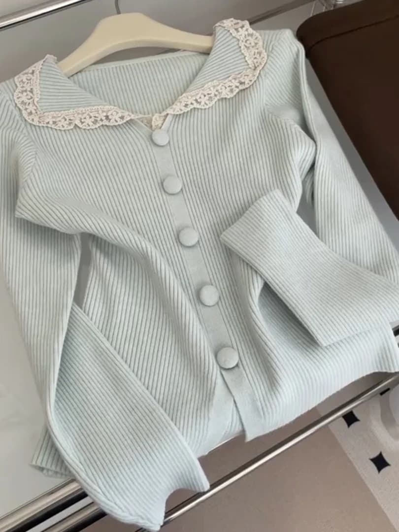 Cardigan Aperto in Maglia Morbida con Pizzo Stile Coreano, Maglione da Donna con Colletto a Bambola e Bottone Singolo, Top per l'Autunno e il Pendolarismo