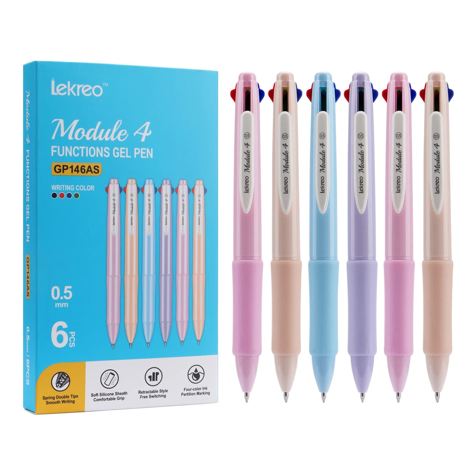 Lekreo GP146AS 6 pezzi penna gel multicolore 0,5 mm 4 in 1 penne colorate per studenti penne a punta fine per agenda journaling assortite