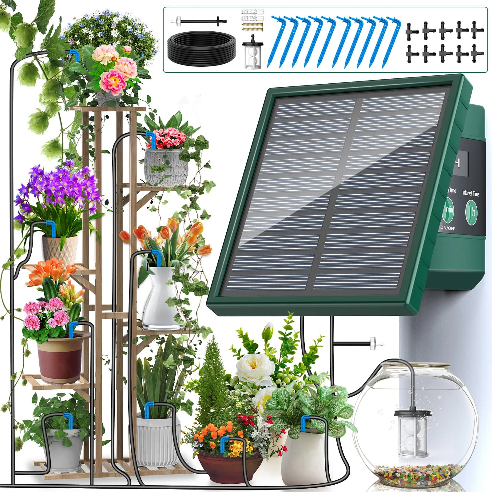 Solar Drip Irrigation Watering System with 300 Watering Programmes, Garden Balcony Watering Kit with 10M Hose&10 Drip Tips etc, Suitable for Vegetables/Potted Plants/Fruit Trees