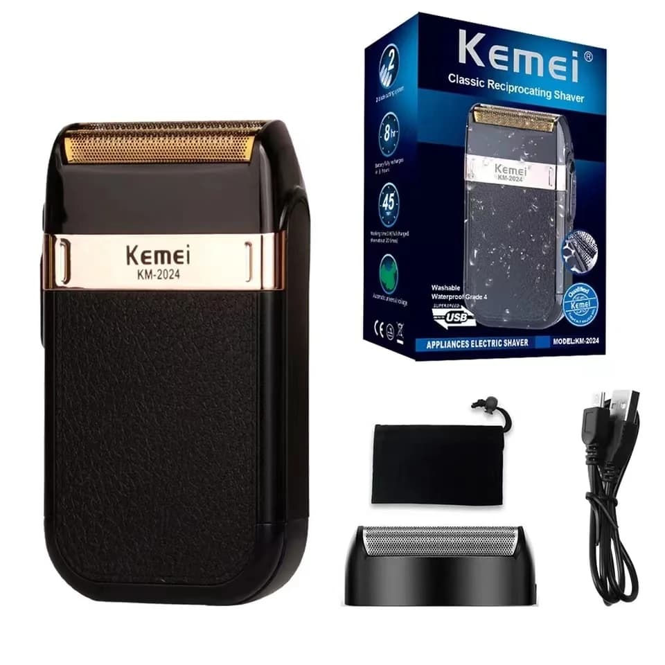 Electric Shaver Kemei KM-2024 with USB Charging, Additional Cutting Head, Double Lama Oscillating Razor, Rulebarba
