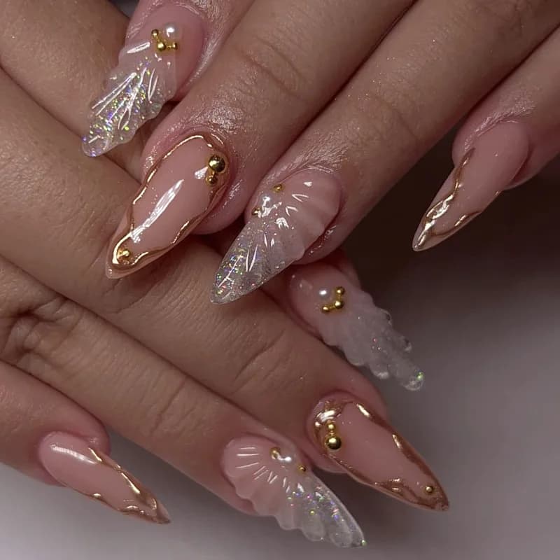 24 pcs Long Mandorla Nails Finte Presses on Fashion Shell Nails Art Datachable Powder Polished Design Stiletto Tips for Fin Nails
