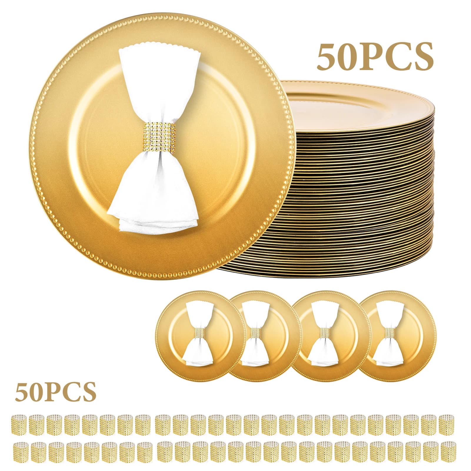 50 Pack Gold Charger Plates Bulk 13 Inch Round Beaded Plastic Dinner Chargers Set with 50 Matching Napkin Rings Holders, Decorative Reusable Service Plates for Table Setting Wedding Reception Party Holiday Christmas Banquet Event Decor