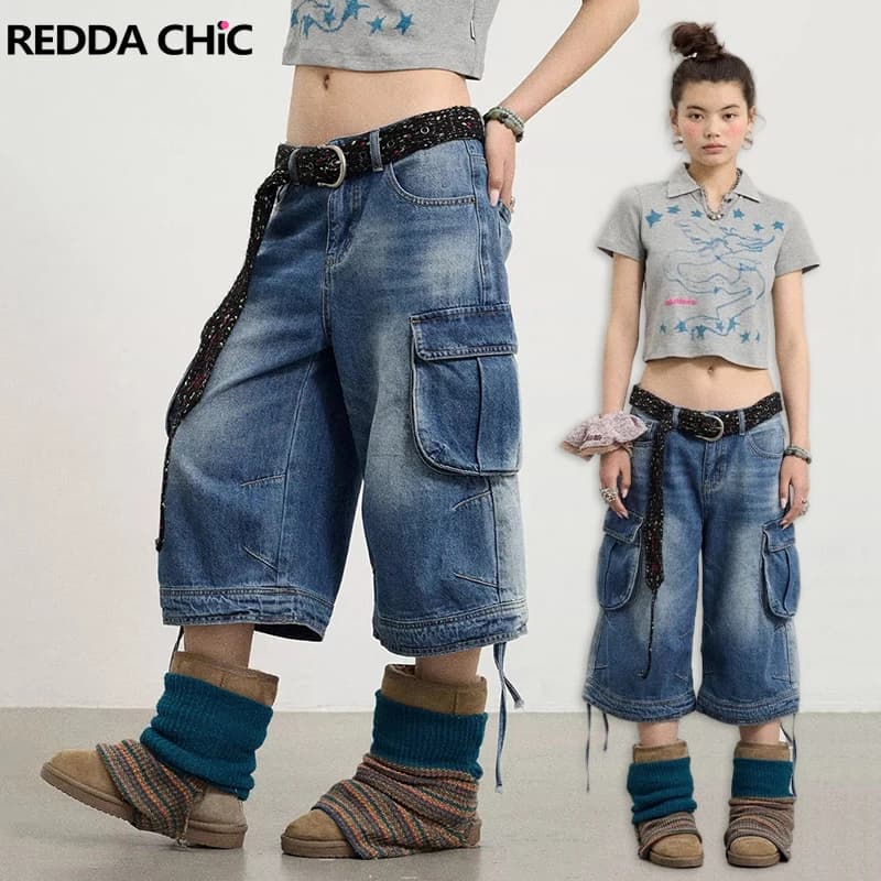 REDDACHiC Boyfriend Cargo Tasche Bermuda Pantaloni Donna Uomo Pantaloncini di jeans Do Old Coulisse Jeans larghi Anni '90 Skater Y2k Streetwear