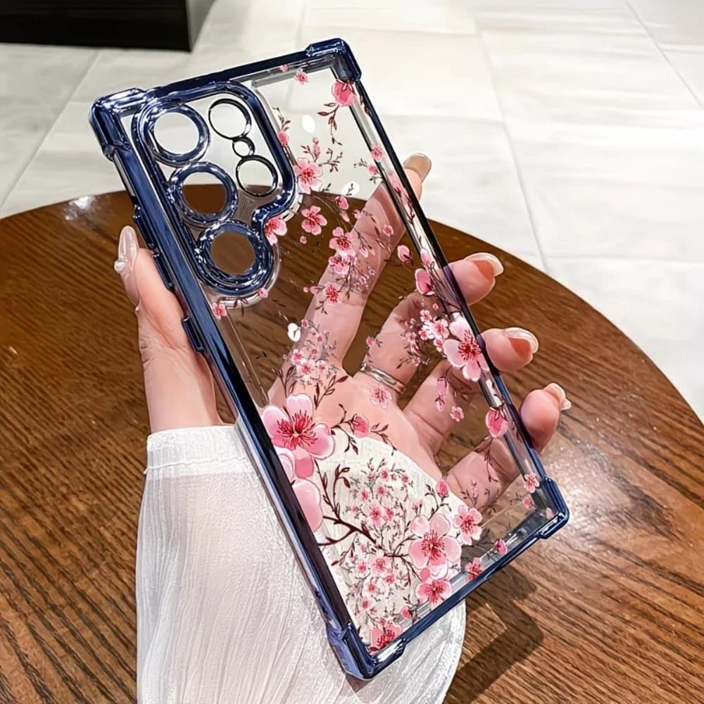 Cherry Blossom Electroplated Four-Corner Anti-Fall Phone Case For Samsung Galaxy S26 S25 S24 S23 S22 S21 Ultra Plus FE Cover