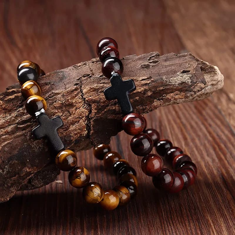 Natural Wood Onyx Hematite Beaded Rosary Bracelet Cross Prayer Meditation Yoga Healing Crystal Jewelry for Men Women Religious Birthday Gift