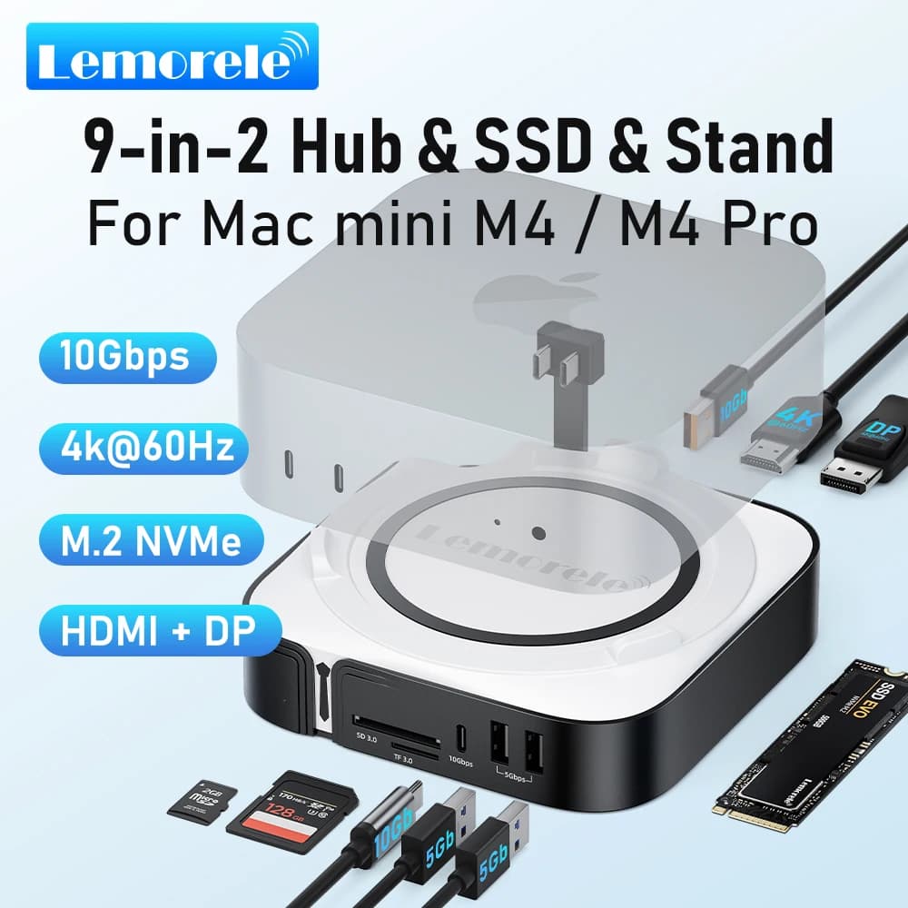 Lemorele TC800 Dock per Mac mini M4, Hub USB-C 9-in-2 con Doppio HDMI 4K, DP, Slot SSD NVMe M.2 10Gbps, Lettore Schede SD/TF per Mac Mini M4
