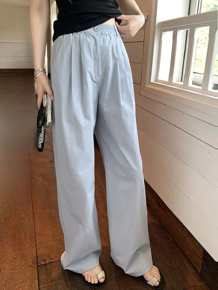 Pantaloni Casual AHY 100% Cotone Blu Acqua a Gamba Dritta con Vita Elastica, Nuova Collezione Estiva da Donna
