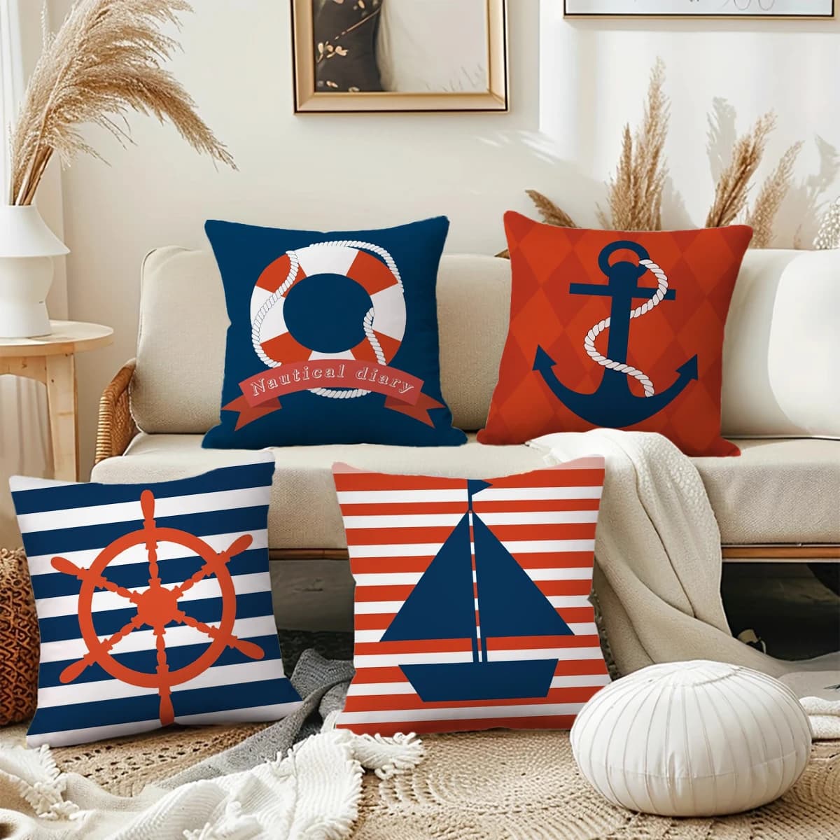 4pc Nautical Themed Throw Pillow Covers Boat Anchor Ship Wheel Sailor Decorative Pillowcases for Sofa Bedroom Living Room