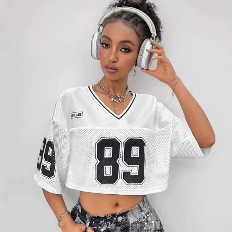 Y2K Streetwear anni 2000 maniche corte modello digitale T-shirt larghe Hip Hop moda casual scollo a V sport magliette corte abbigliamento donna