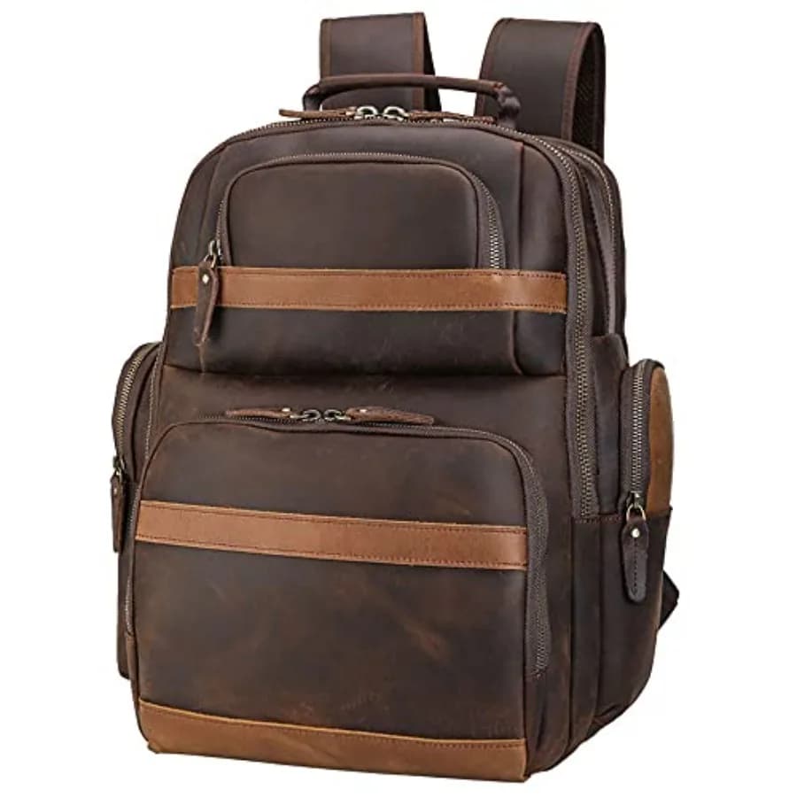 Men's Vintage Leather Backpack for Laptop 15.6 Inch, Big Bag for Business and Hiking, Brown, Premium Material Resistant