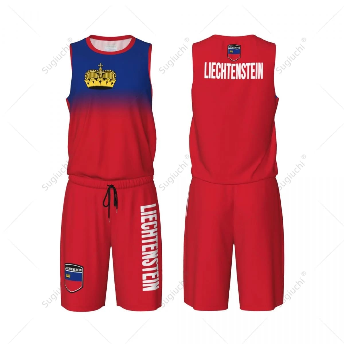 Set di maglie da basket con bandiera del Liechtenstein per uomo, maglia e pantaloni in rete, senza maniche, esclusivo, personalizzabile con nome e numero, unisex