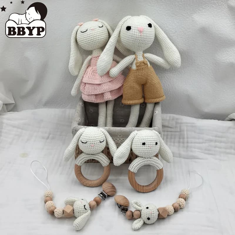 BPA Free Crochet Rabbit Baby massaggiagengive kawaii peluche bambola legno di faggio neonato massaggiagengive anello ciuccio Clip Baby Shower regali
