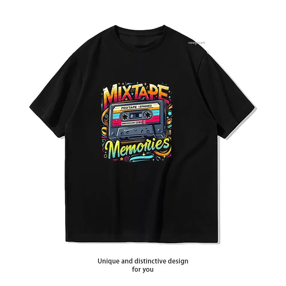 Retro Mixtape Memories, T-shirt Magliette grafiche casual in cotone Creative streetwear Camicia classica con scollo a O