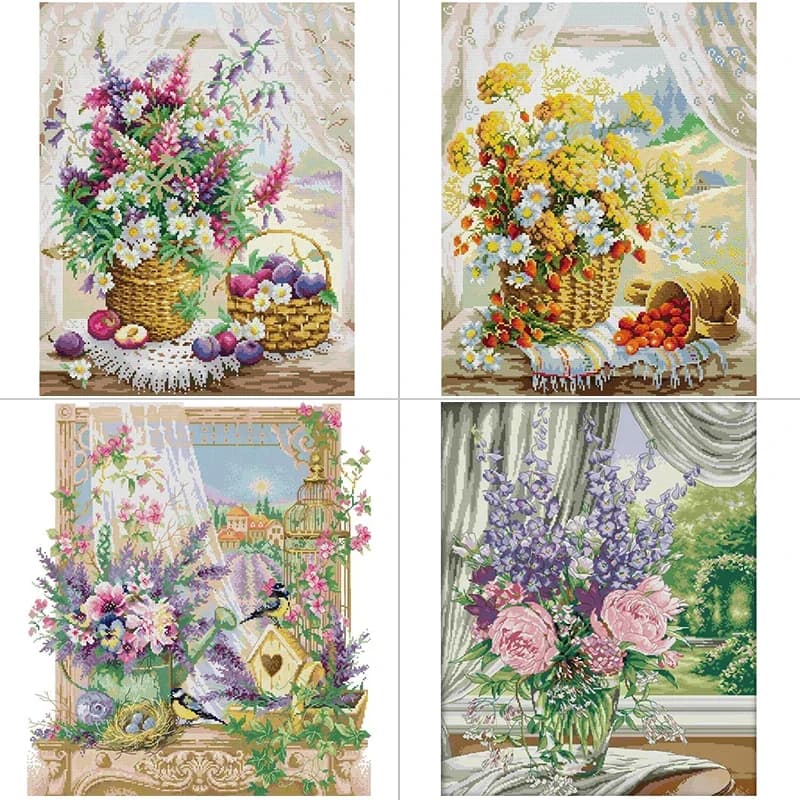 Davanzale della finestra cesto di fiori motivi floreali punto croce Aida 14ct 16ct 11ct Kit da cucito in tessuto stampato ricamo fai da te decorazioni per la casa