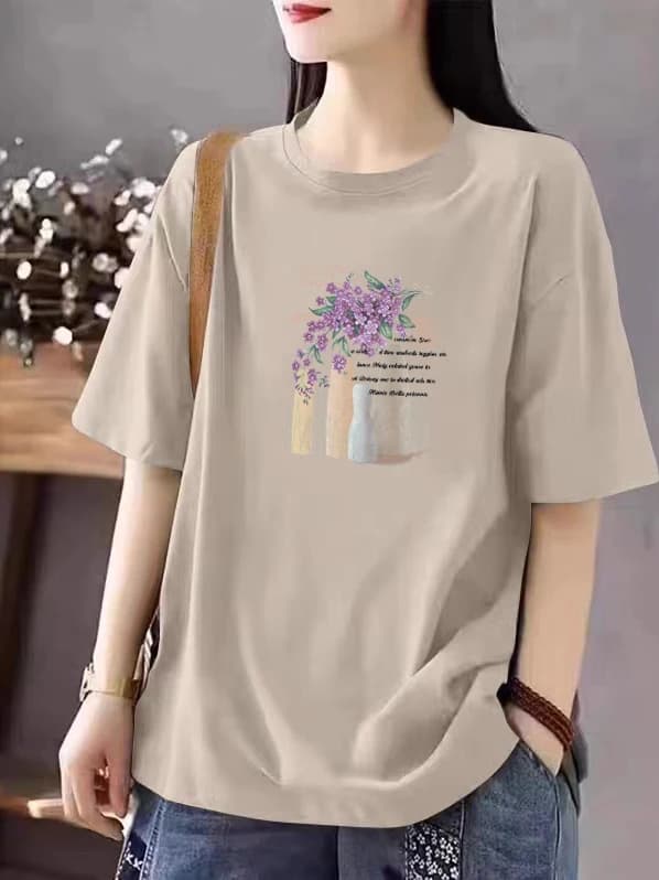 T-shirt Estiva da Donna in Cotone Casual con Stampa a Maniche Corte, Top Versatile a Girocollo che Nasconde le Forme, Canotta Basica