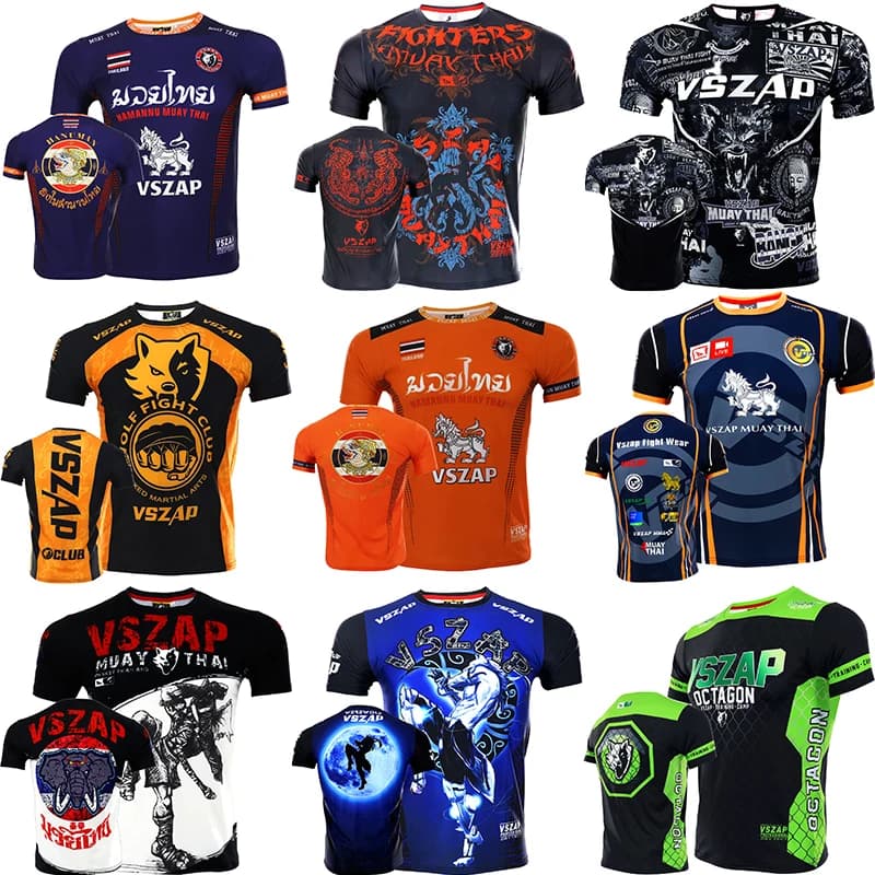 MMA Rashguard Quick Dry Vszap Muay Thai T Shirt Manica corta Poliestere Compressione Boxe Maglie Palestra Jiujitsu Arti marziali Top