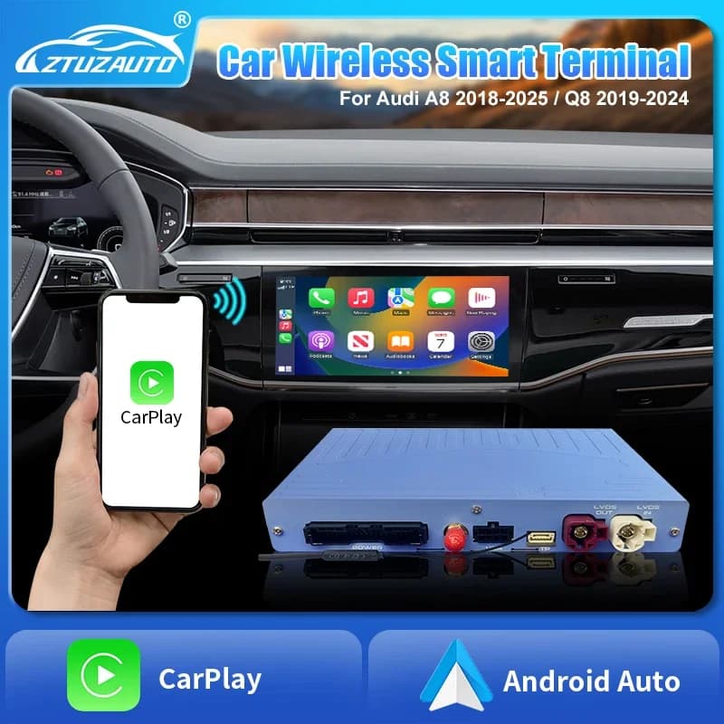 CarPlay Wireless per Audi A8 Q8 MIB3 8.8&10.1 pollici 2018-2025, Supporto Android Auto, Telecamera Anteriore e Posteriore, Mirror-Link, Box Retrofit